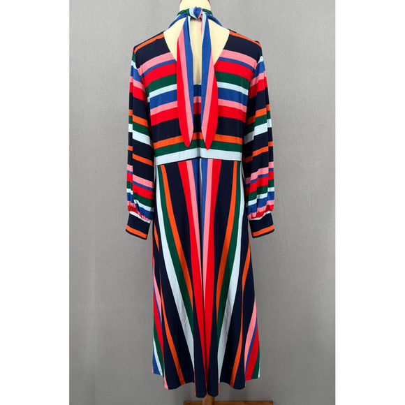Elouqii Dress Womens 14 Multicolor Striped Keyhole Long Puff Sleeves A Line Midi - Picture 9 of 15